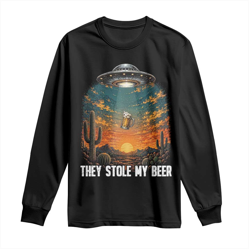 They Stole My Beer Long Sleeve Shirt Funny UFO Abducting Beer Mug Vintage Western Gift TS12 Black Print Your Wear