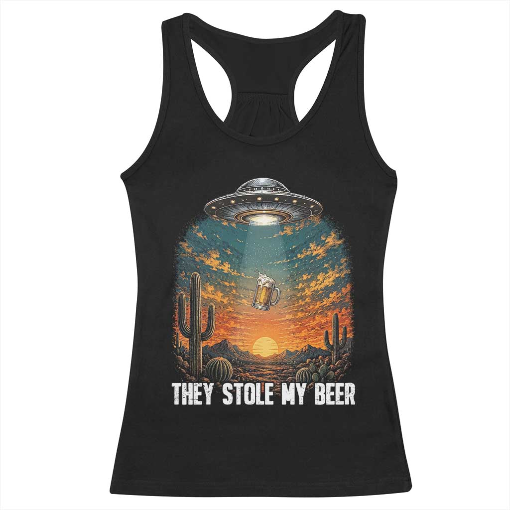 They Stole My Beer Racerback Tank Top Funny UFO Abducting Beer Mug Vintage Western Gift
