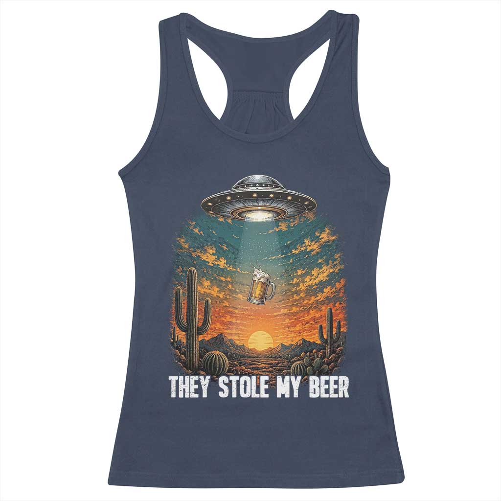 They Stole My Beer Racerback Tank Top Funny UFO Abducting Beer Mug Vintage Western Gift