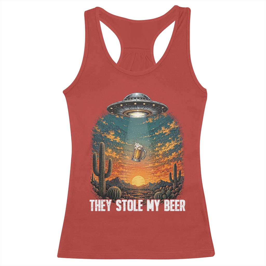 They Stole My Beer Racerback Tank Top Funny UFO Abducting Beer Mug Vintage Western Gift