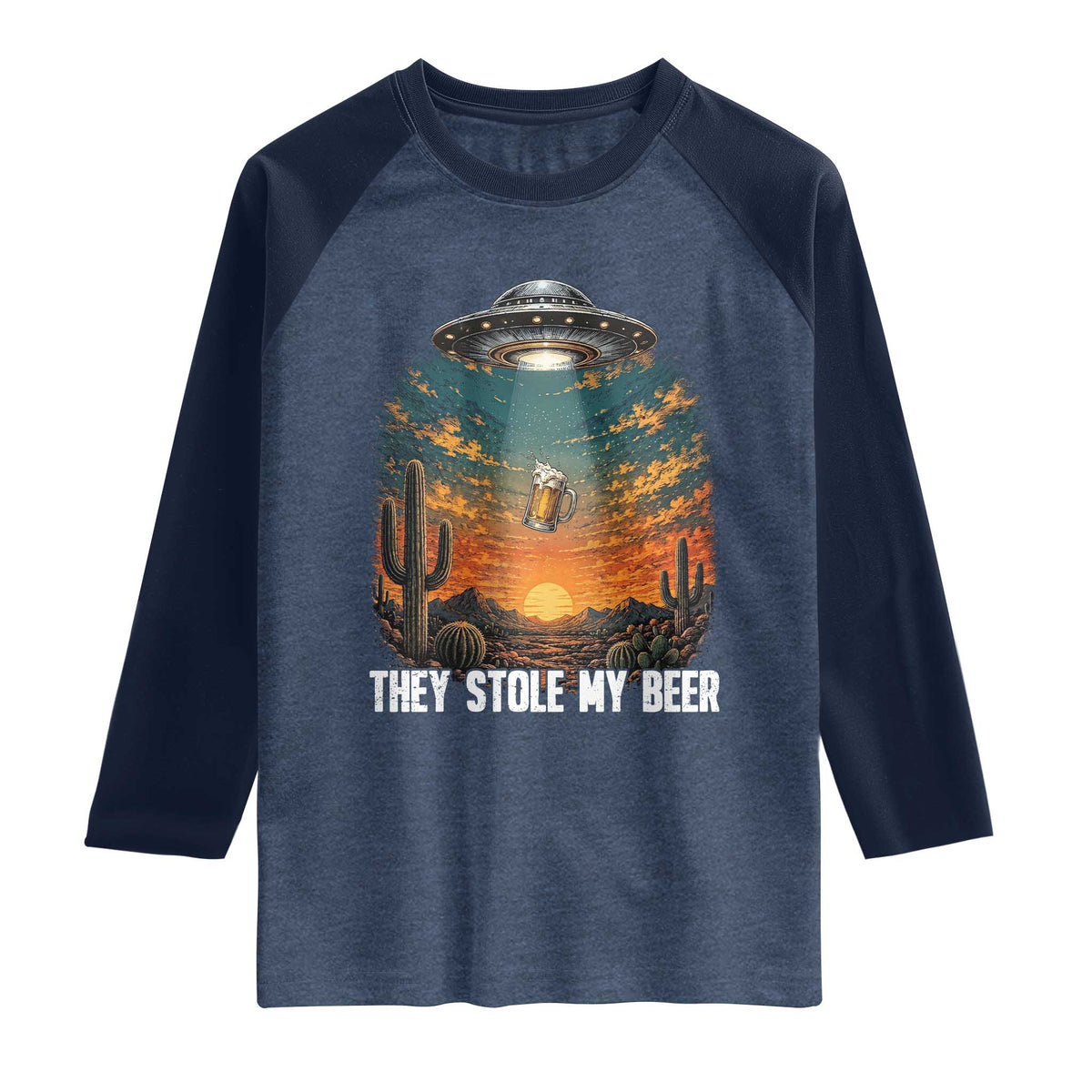 They Stole My Beer Raglan Shirt Funny UFO Abducting Beer Mug Vintage Western Gift