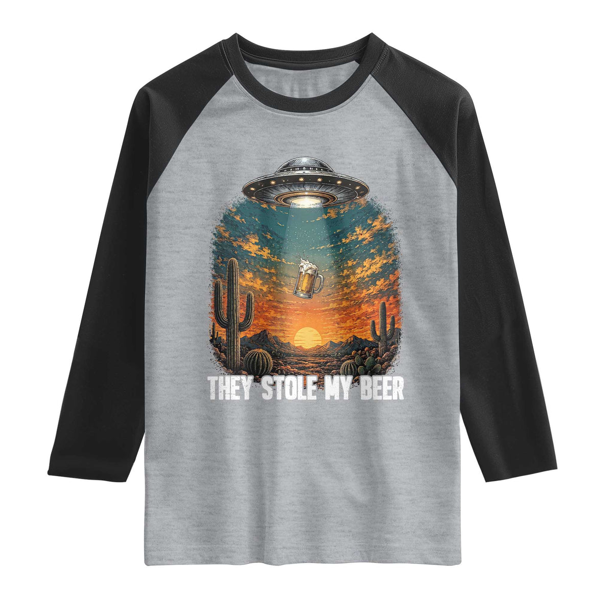 They Stole My Beer Raglan Shirt Funny UFO Abducting Beer Mug Vintage Western Gift