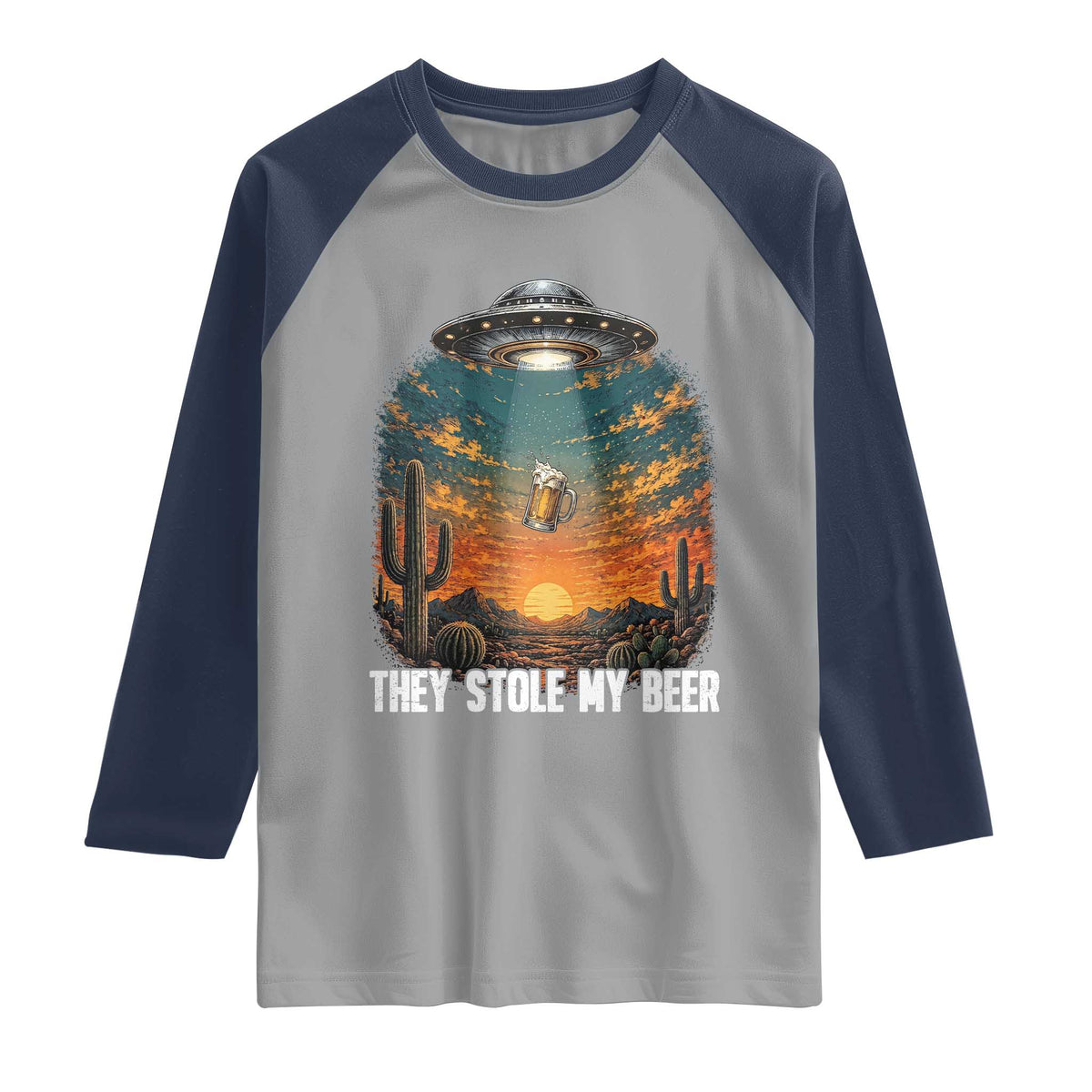 They Stole My Beer Raglan Shirt Funny UFO Abducting Beer Mug Vintage Western Gift