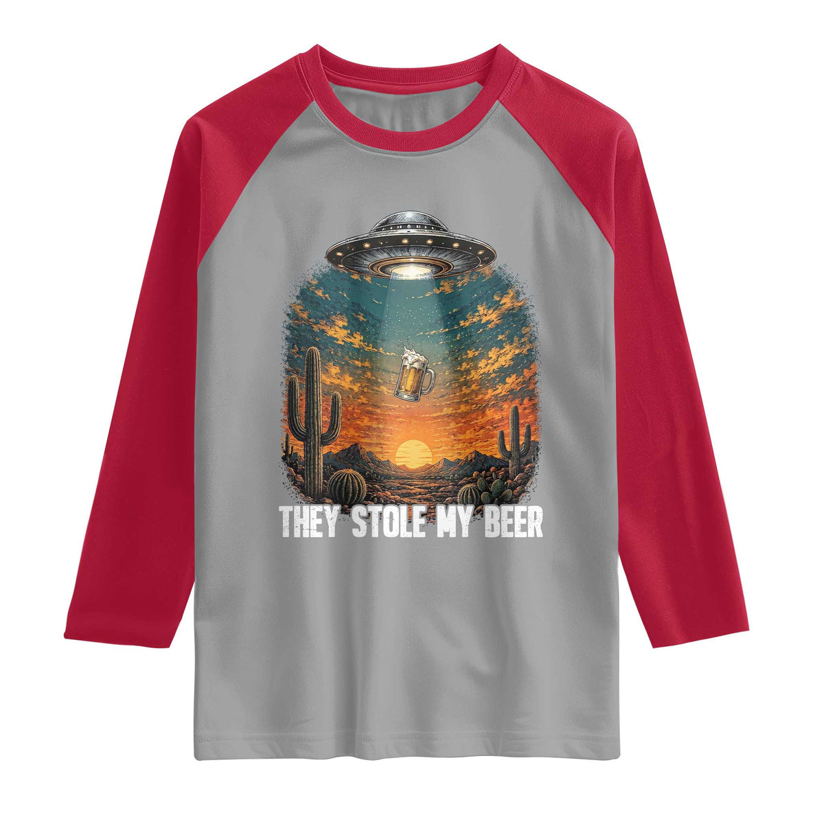 They Stole My Beer Raglan Shirt Funny UFO Abducting Beer Mug Vintage Western Gift