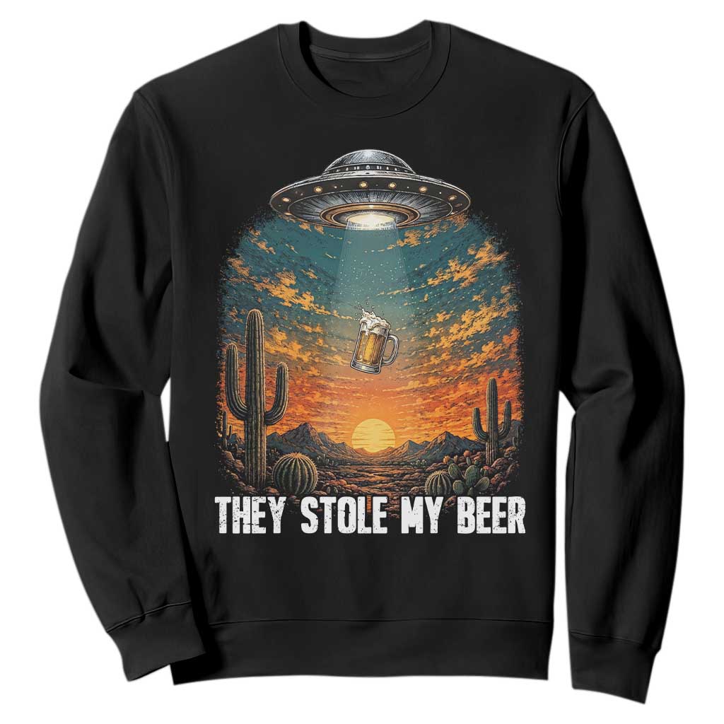 They Stole My Beer Sweatshirt Funny UFO Abducting Beer Mug Vintage Western Gift TS12 Black Print Your Wear