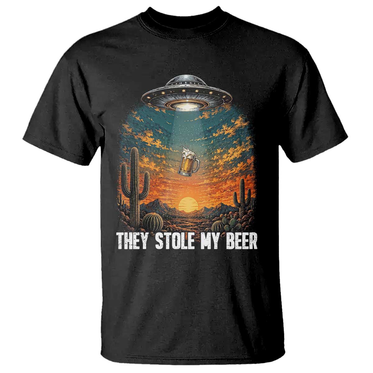 They Stole My Beer T Shirt Funny UFO Abducting Beer Mug Vintage Western Gift TS12 Black Print Your Wear