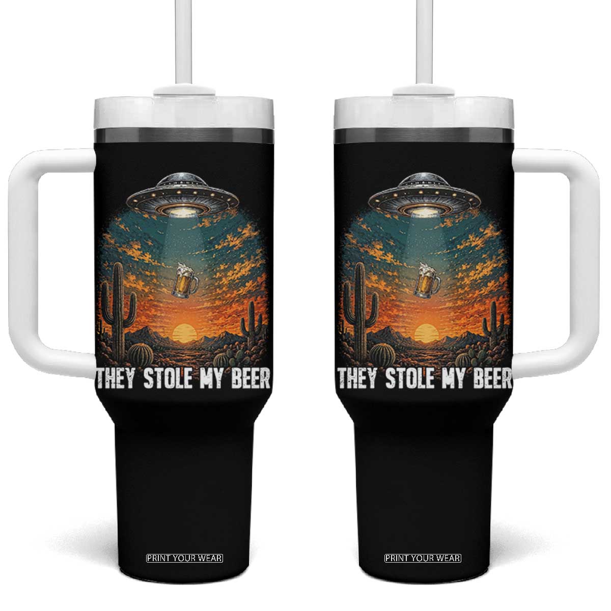 They Stole My Beer Tumbler With Handle Funny UFO Abducting Beer Mug Vintage Western Gift TS12 One Size: 40 oz Black Print Your Wear