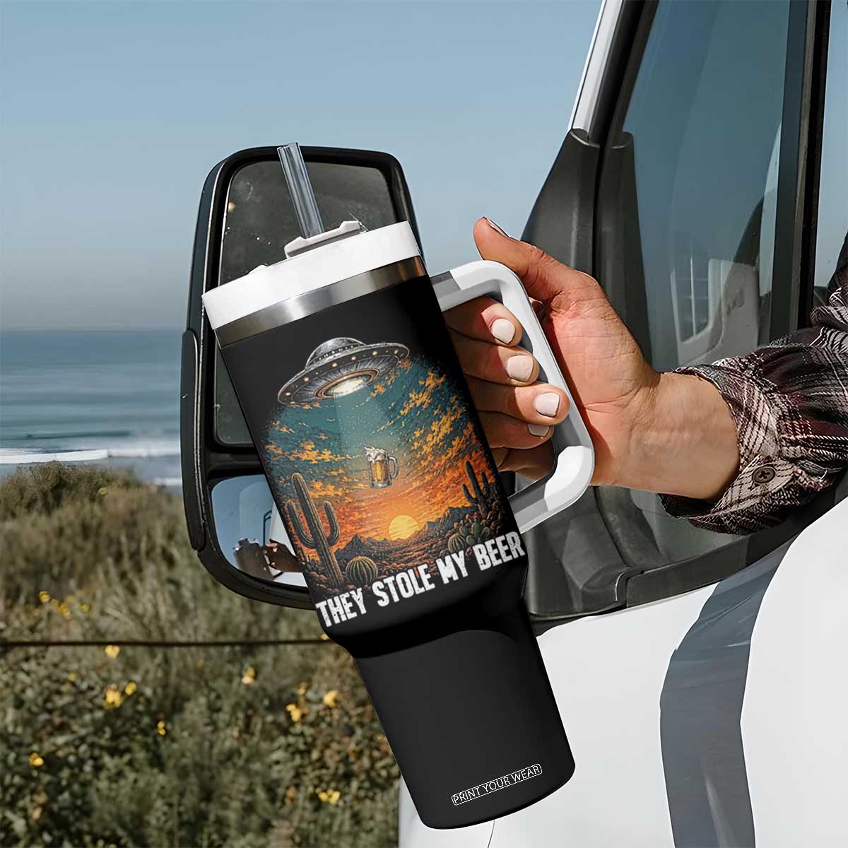 They Stole My Beer Tumbler With Handle Funny UFO Abducting Beer Mug Vintage Western Gift TS12 Print Your Wear
