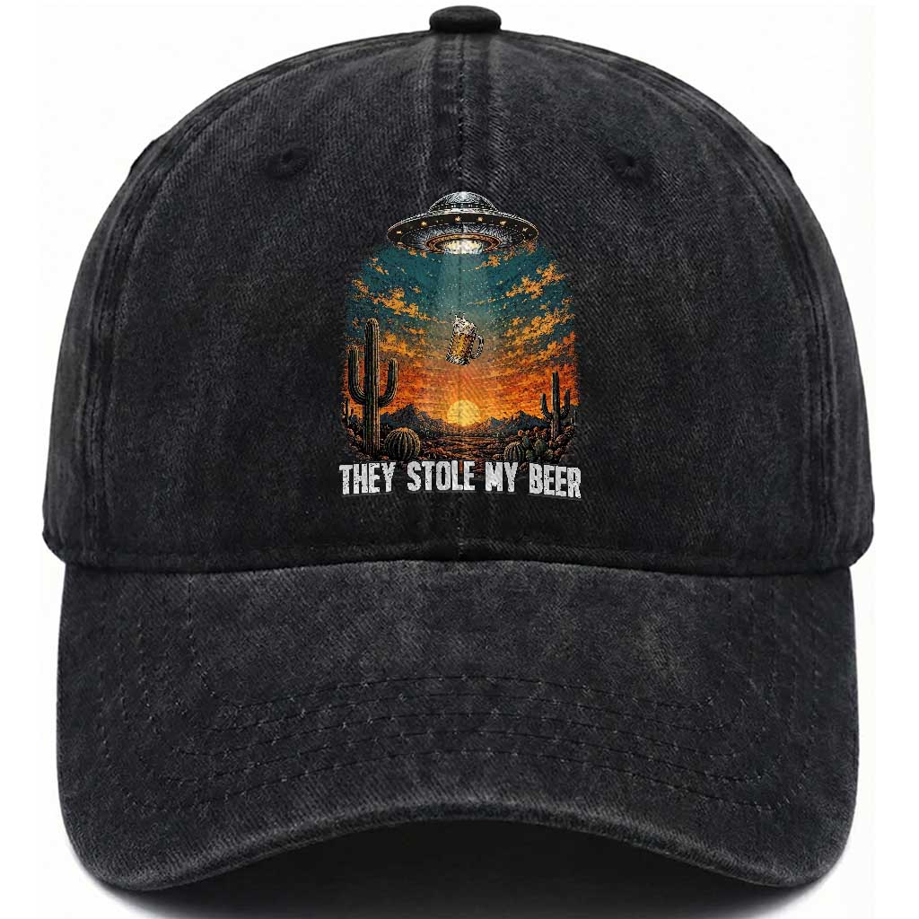 They Stole My Beer Washed Cotton Baseball Cap Funny UFO Abducting Beer Mug Vintage Western Gift