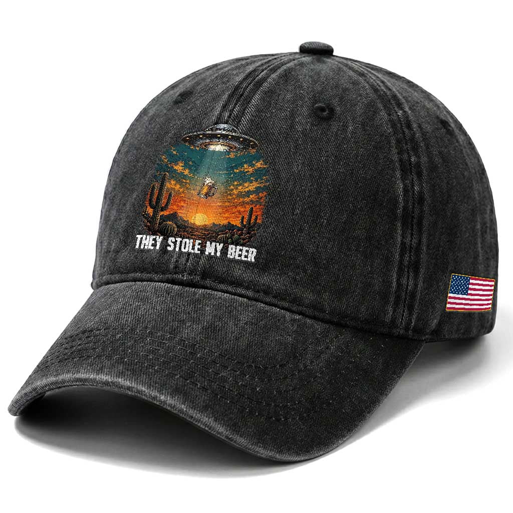 They Stole My Beer Washed Cotton Baseball Cap Funny UFO Abducting Beer Mug Vintage Western Gift
