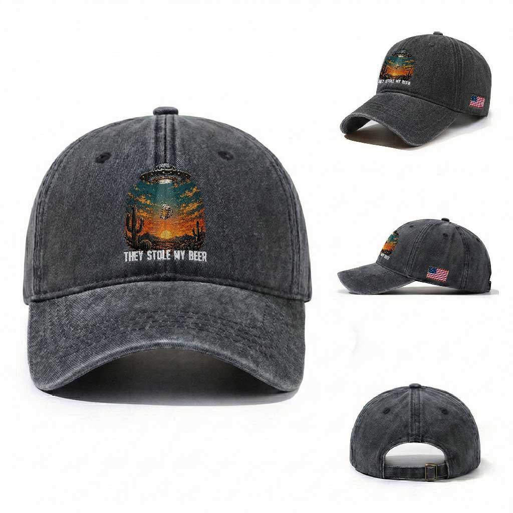 They Stole My Beer Washed Cotton Baseball Cap Funny UFO Abducting Beer Mug Vintage Western Gift