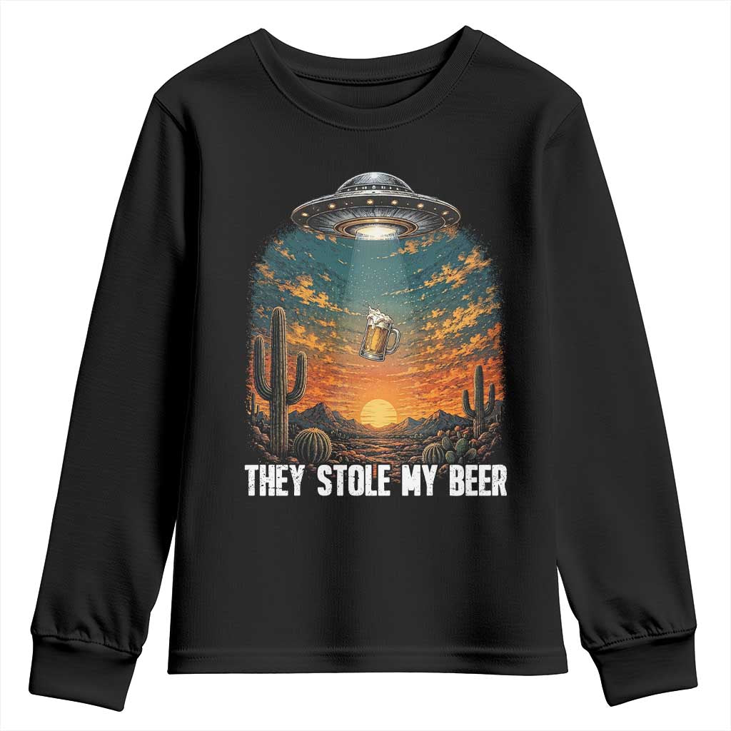 They Stole My Beer Youth Sweatshirt Funny UFO Abducting Beer Mug Vintage Western Gift TS12 Black Print Your Wear
