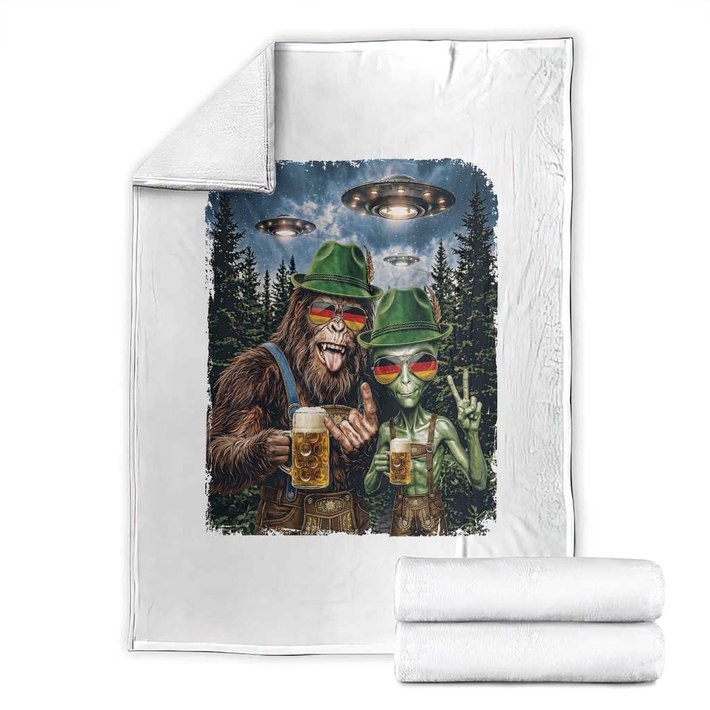 Funny Bigfoot Alien Oktoberfest Throw Blanket Selfie Beer Party German Lederhosen UFO Gift