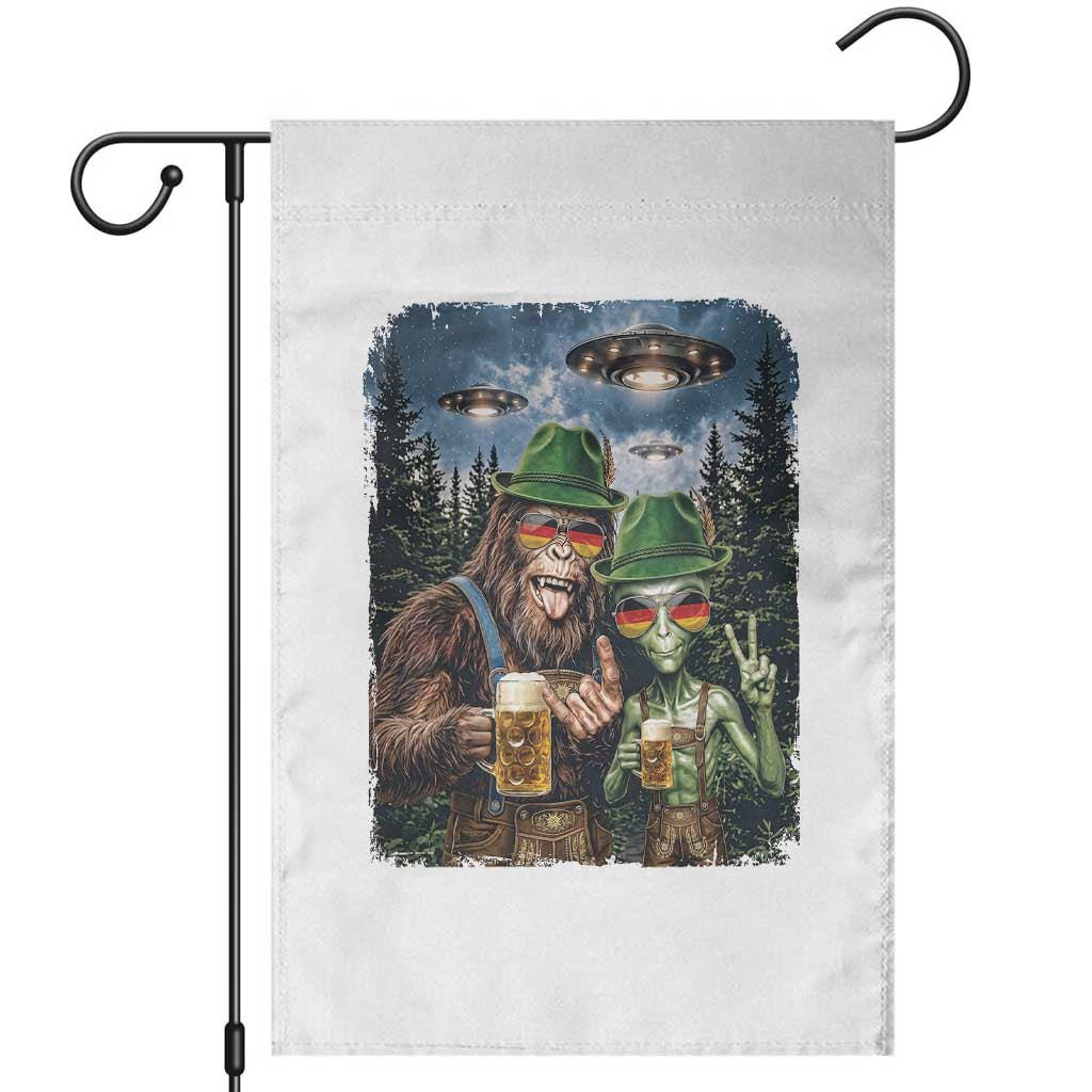 Funny Bigfoot Alien Oktoberfest Garden Flag Selfie Beer Party German Lederhosen UFO Gift