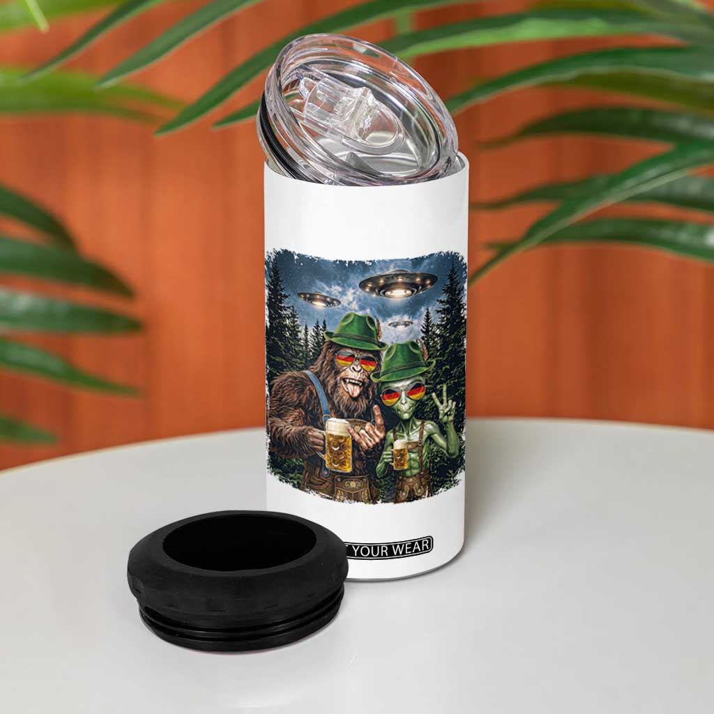 Funny Bigfoot Alien Oktoberfest 4 in 1 Can Cooler Tumbler Selfie Beer Party German Lederhosen UFO Gift TS12 Print Your Wear