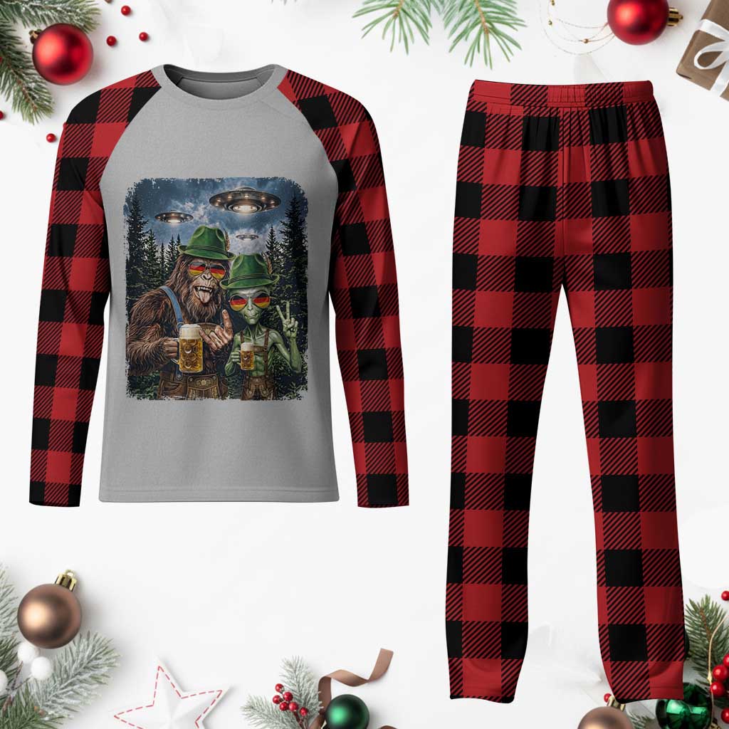 Funny Bigfoot Alien Oktoberfest Plaid Pajama Set Selfie Beer Party German Lederhosen UFO Gift