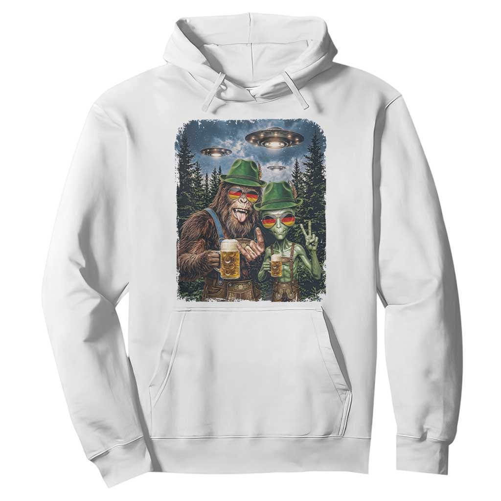 Funny Bigfoot Alien Oktoberfest Hoodie Selfie Beer Party German Lederhosen UFO Gift TS12 White Print Your Wear