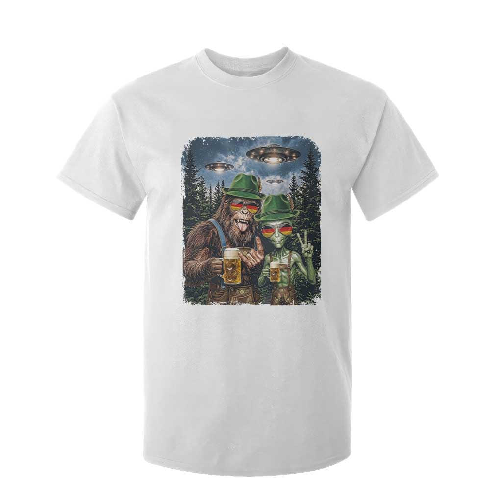 Funny Bigfoot Alien Oktoberfest T Shirt For Kid Selfie Beer Party German Lederhosen UFO Gift TS12 White Print Your Wear