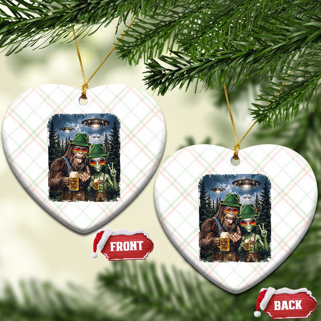 Funny Bigfoot Alien Oktoberfest Ceramic Ornament Selfie Beer Party German Lederhosen UFO Gift