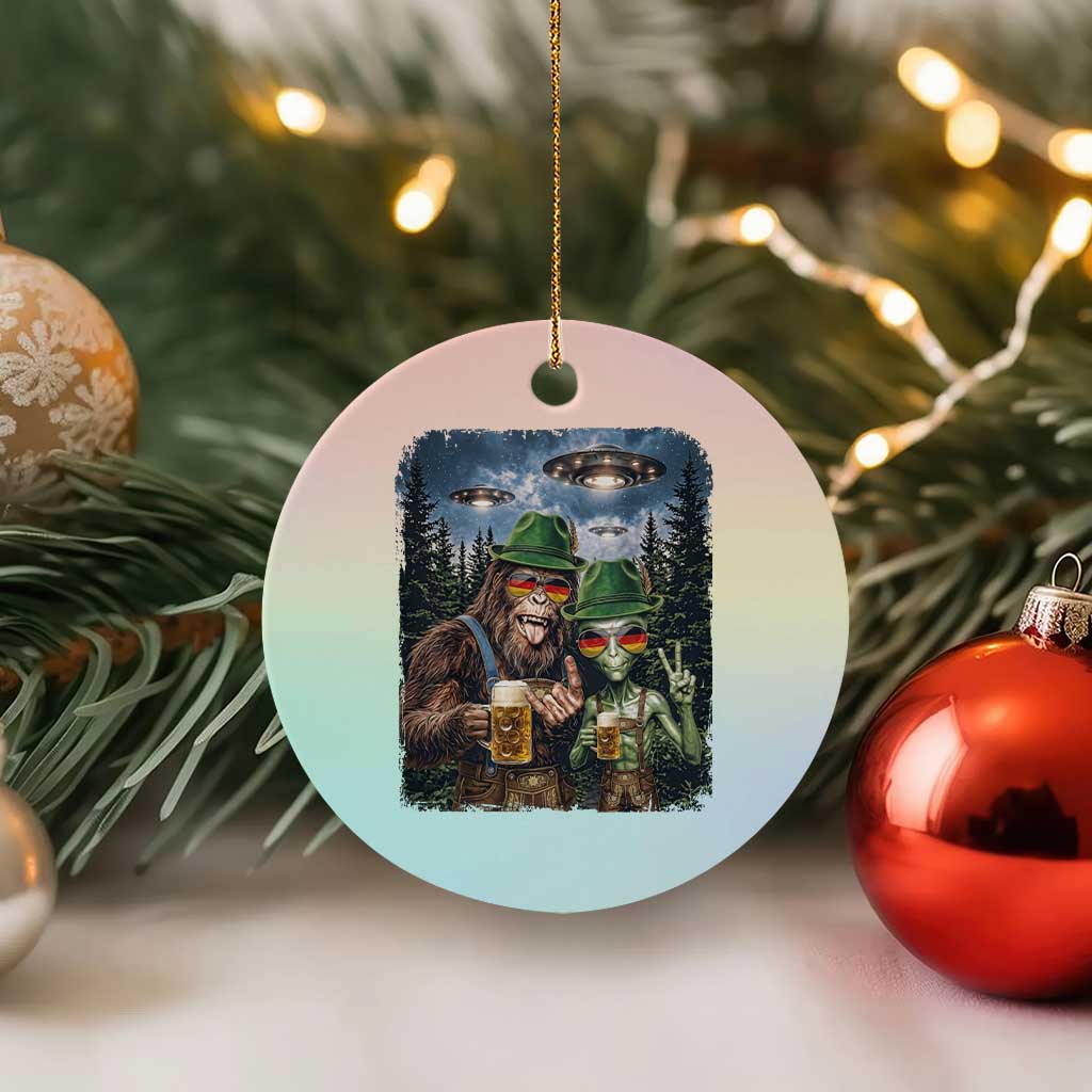 Funny Bigfoot Alien Oktoberfest Ceramic Ornament Selfie Beer Party German Lederhosen UFO Gift