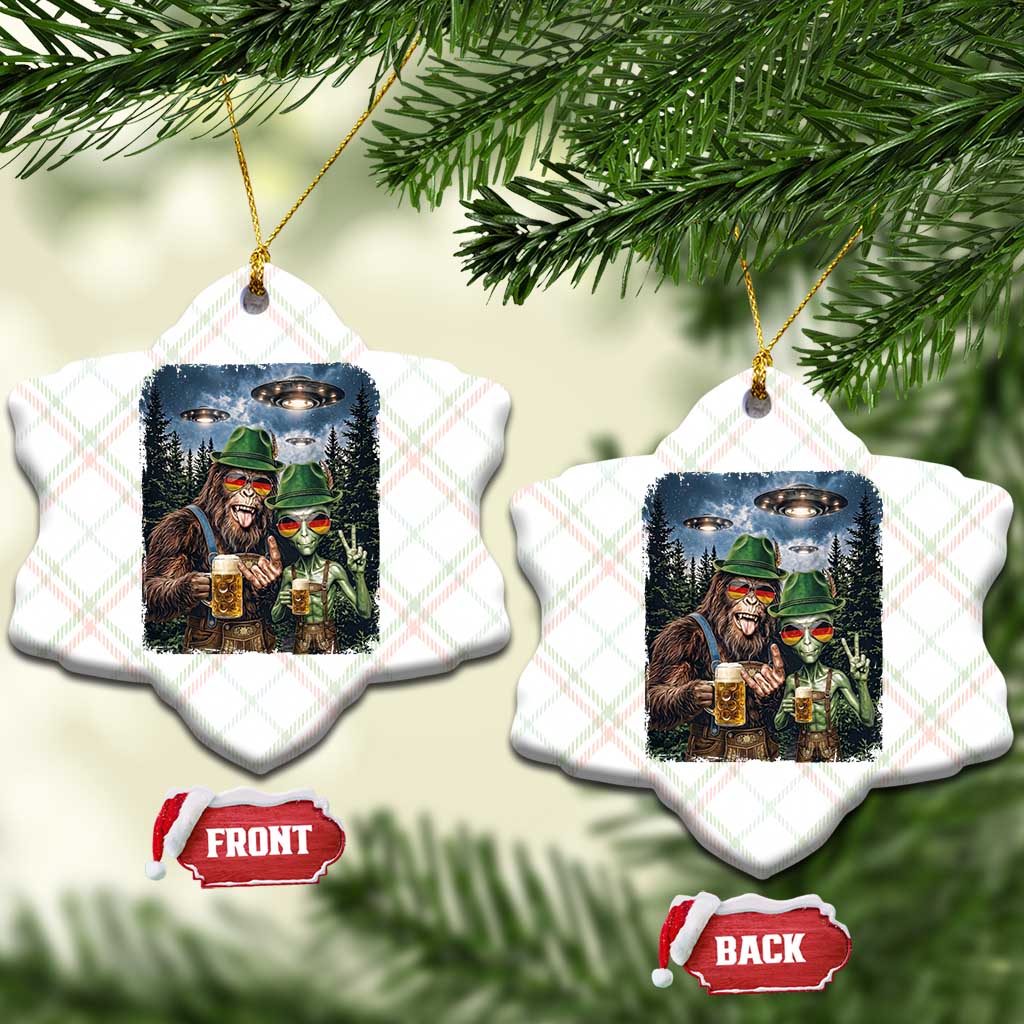 Funny Bigfoot Alien Oktoberfest Ceramic Ornament Selfie Beer Party German Lederhosen UFO Gift