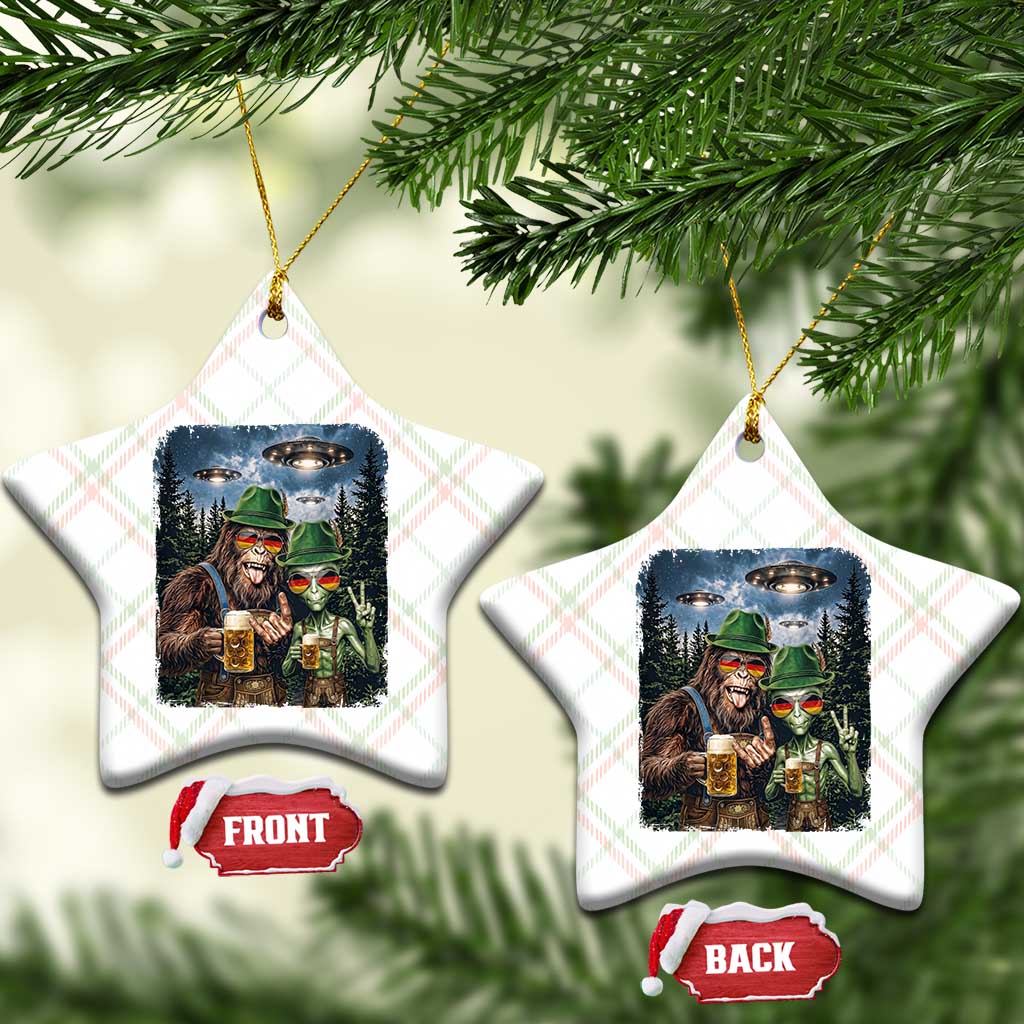 Funny Bigfoot Alien Oktoberfest Ceramic Ornament Selfie Beer Party German Lederhosen UFO Gift