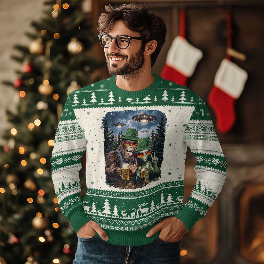 Funny Bigfoot Alien Oktoberfest Ugly Christmas Sweater Selfie Beer Party German Lederhosen UFO Gift