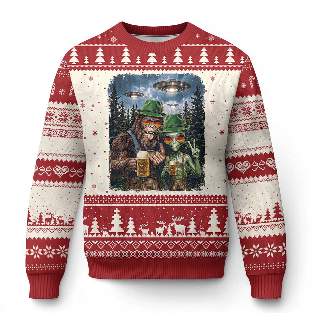Funny Bigfoot Alien Oktoberfest Ugly Christmas Sweater Selfie Beer Party German Lederhosen UFO Gift