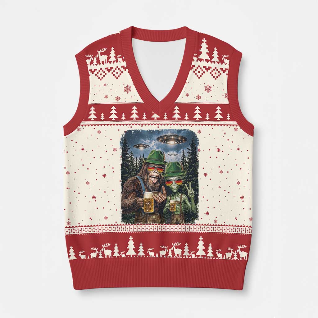 Funny Bigfoot Alien Oktoberfest V-Neck Knit Sweater Vest Selfie Beer Party German Lederhosen UFO Gift