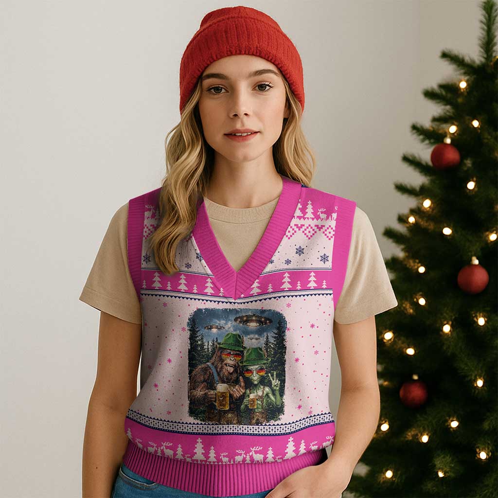 Funny Bigfoot Alien Oktoberfest V-Neck Knit Sweater Vest Selfie Beer Party German Lederhosen UFO Gift