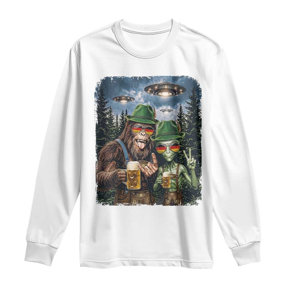Funny Bigfoot Alien Oktoberfest Long Sleeve Shirt Selfie Beer Party German Lederhosen UFO Gift TS12 White Print Your Wear