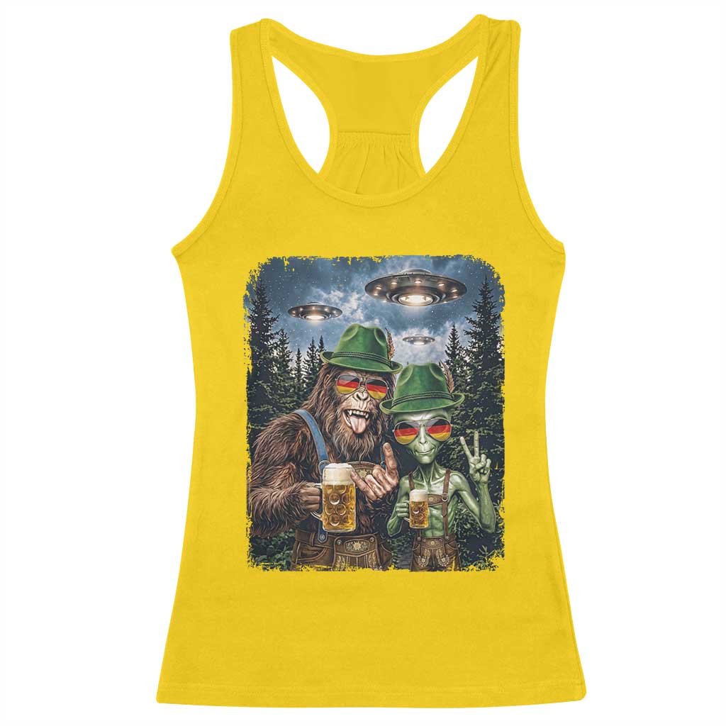 Funny Bigfoot Alien Oktoberfest Racerback Tank Top Selfie Beer Party German Lederhosen UFO Gift