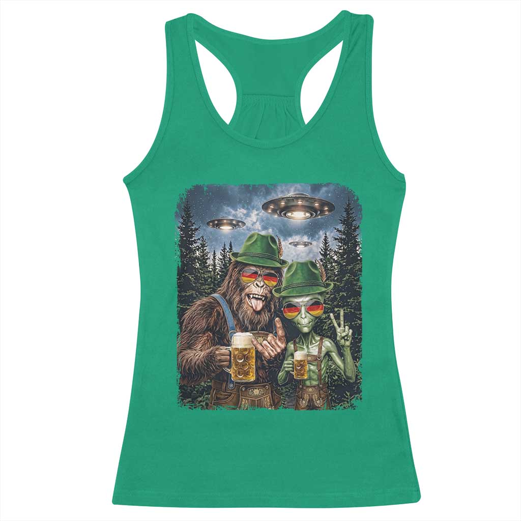 Funny Bigfoot Alien Oktoberfest Racerback Tank Top Selfie Beer Party German Lederhosen UFO Gift