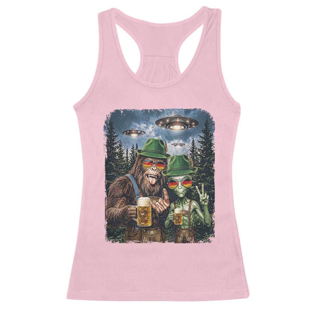 Funny Bigfoot Alien Oktoberfest Racerback Tank Top Selfie Beer Party German Lederhosen UFO Gift