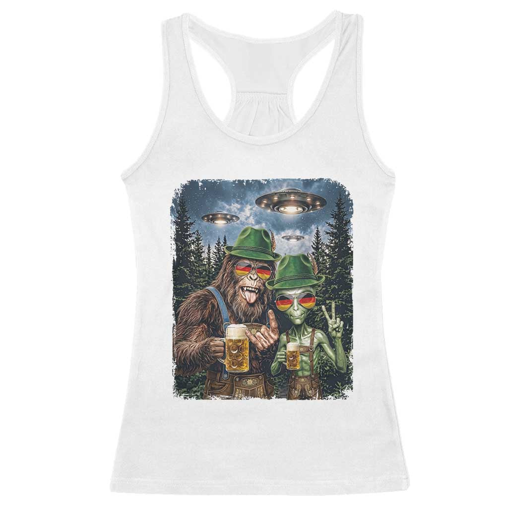 Funny Bigfoot Alien Oktoberfest Racerback Tank Top Selfie Beer Party German Lederhosen UFO Gift