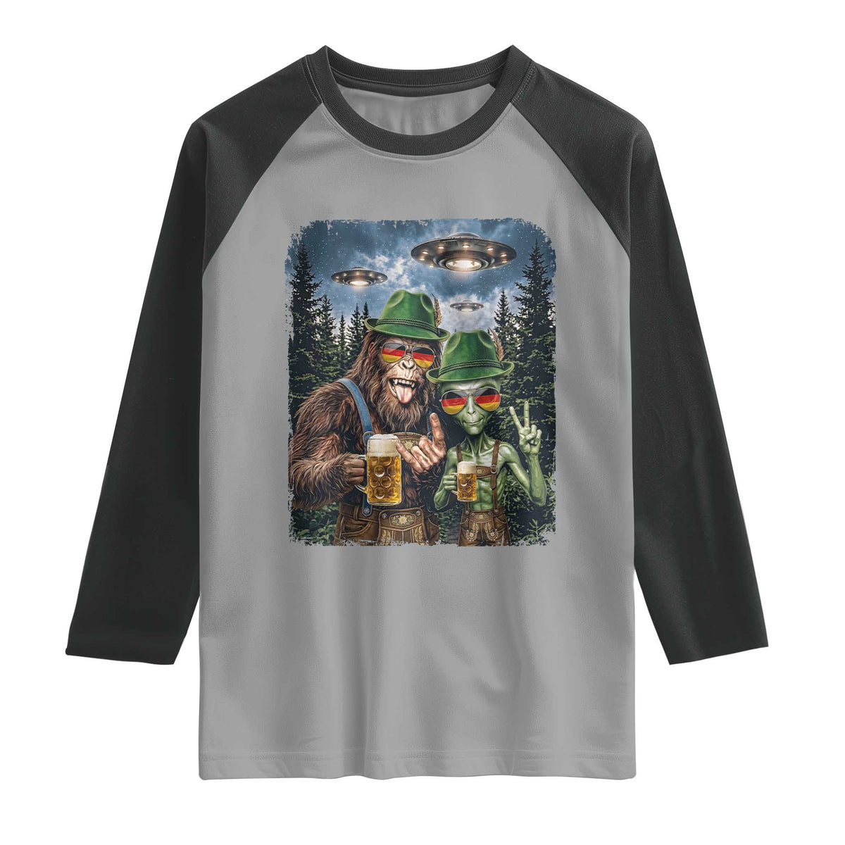 Funny Bigfoot Alien Oktoberfest Raglan Shirt Selfie Beer Party German Lederhosen UFO Gift