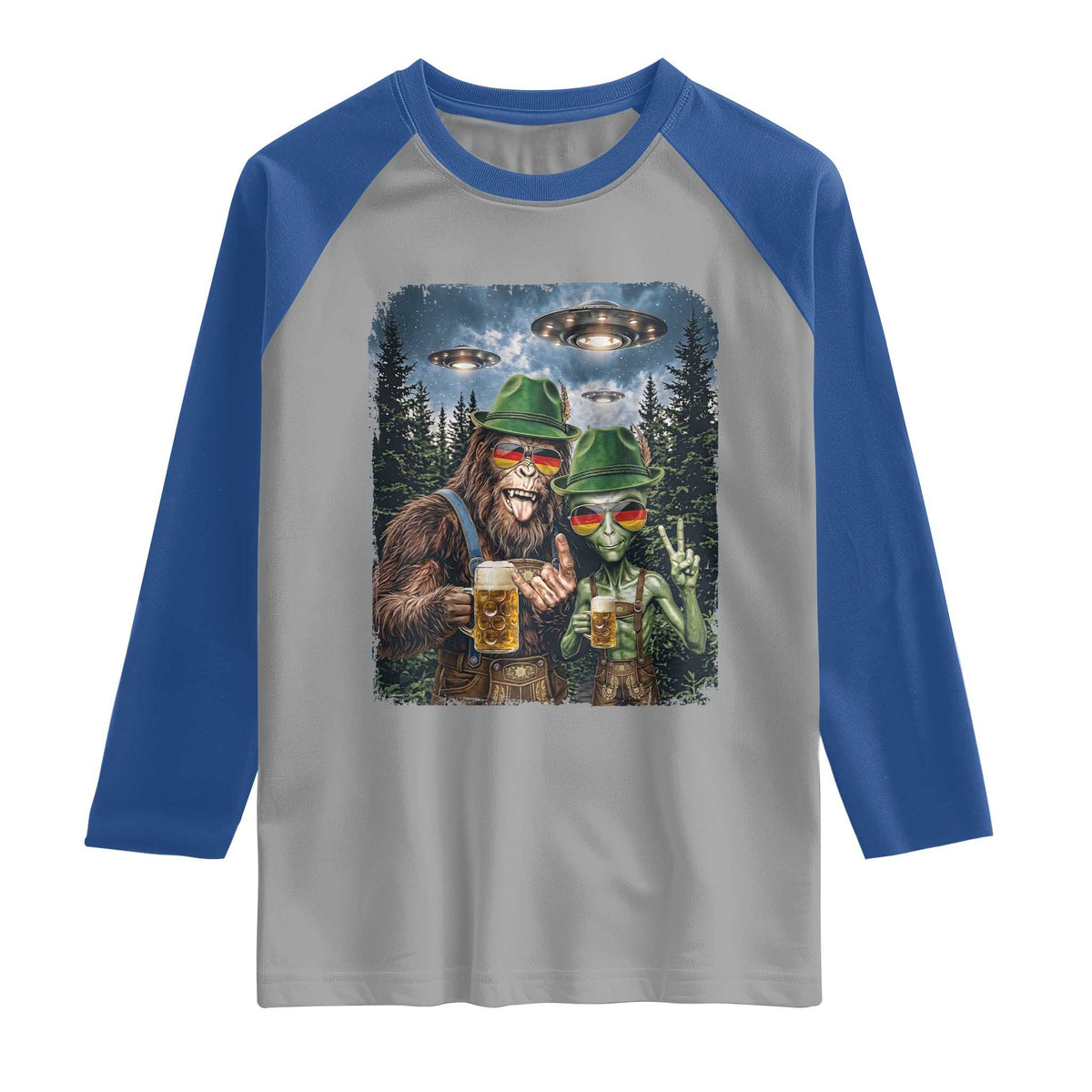 Funny Bigfoot Alien Oktoberfest Raglan Shirt Selfie Beer Party German Lederhosen UFO Gift