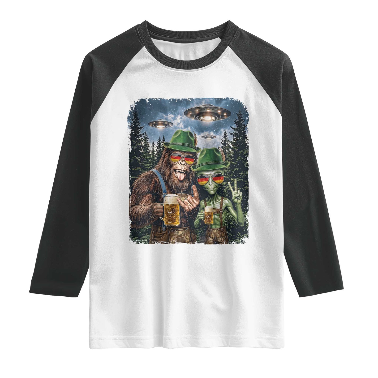 Funny Bigfoot Alien Oktoberfest Raglan Shirt Selfie Beer Party German Lederhosen UFO Gift TS12 White Black Print Your Wear