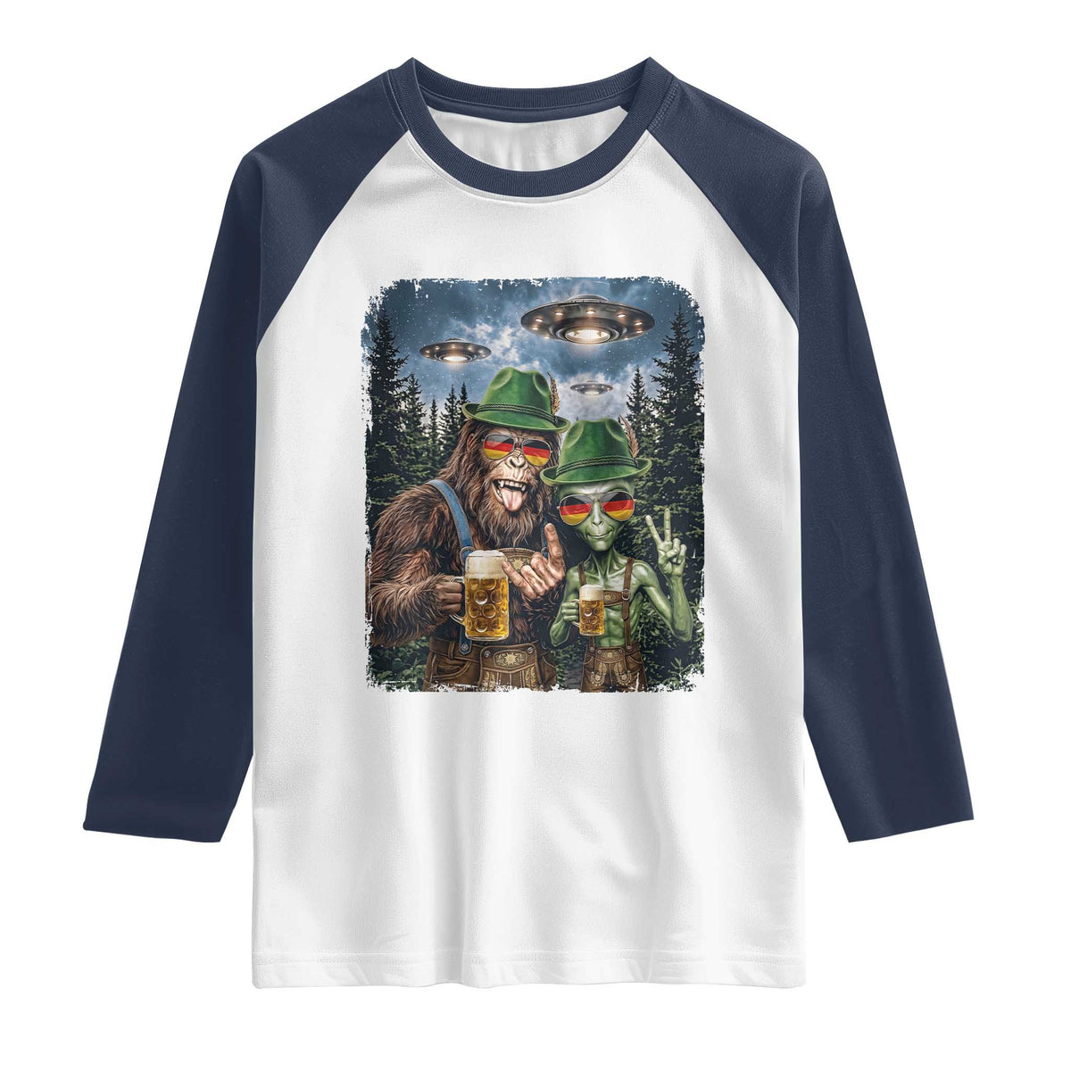 Funny Bigfoot Alien Oktoberfest Raglan Shirt Selfie Beer Party German Lederhosen UFO Gift