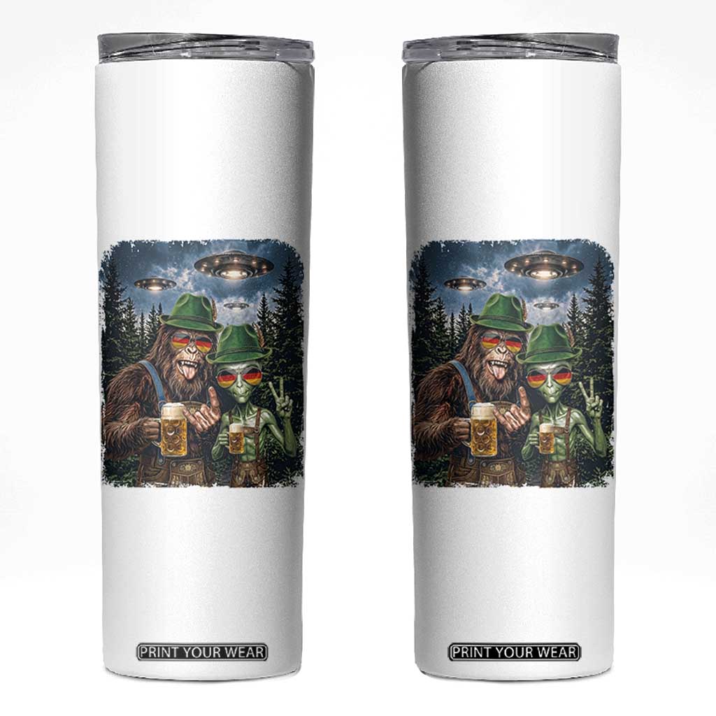 Funny Bigfoot Alien Oktoberfest Skinny Tumbler Selfie Beer Party German Lederhosen UFO Gift TS12 White Print Your Wear