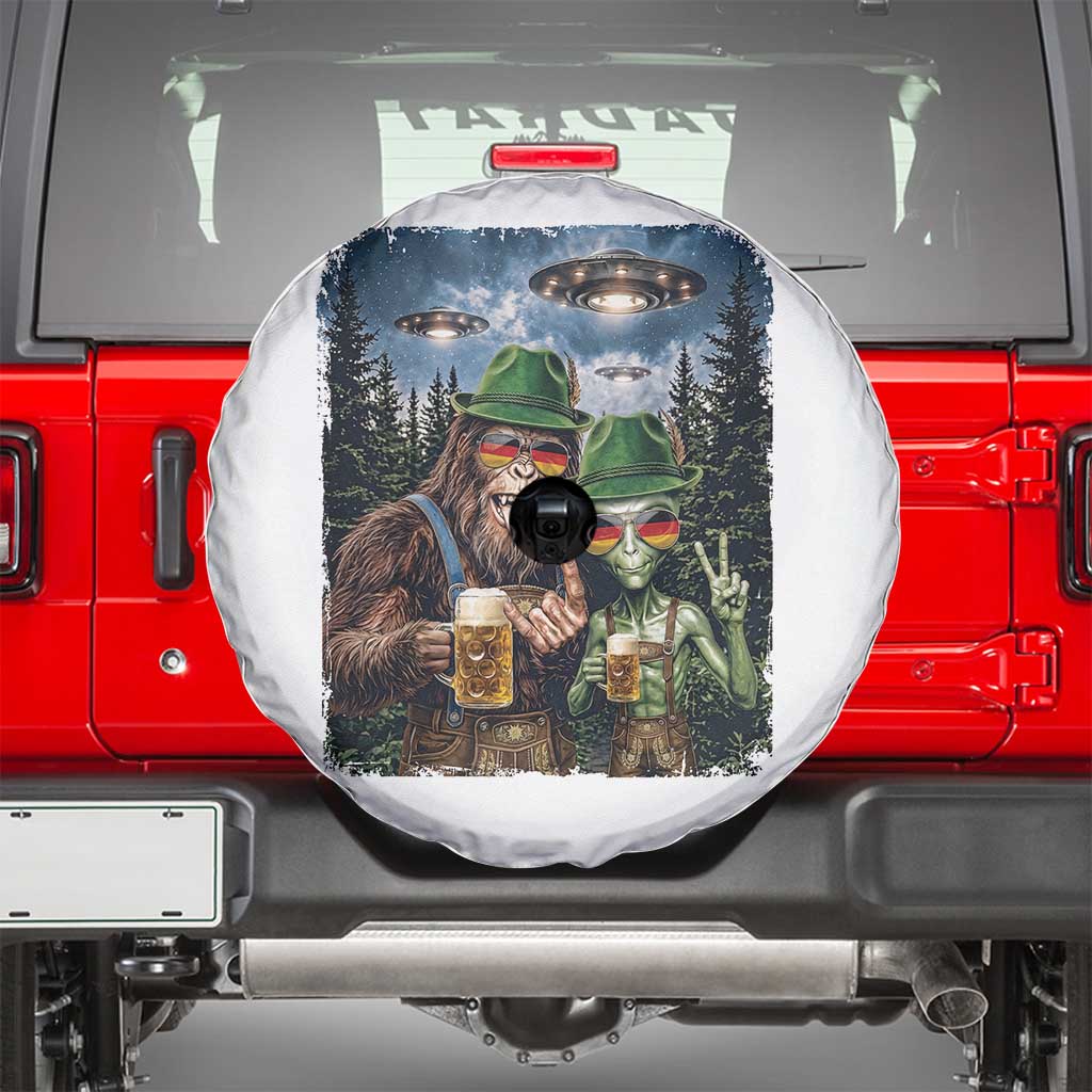 Funny Bigfoot Alien Oktoberfest Spare Tire Cover Selfie Beer Party German Lederhosen UFO Gift TS12 White Print Your Wear