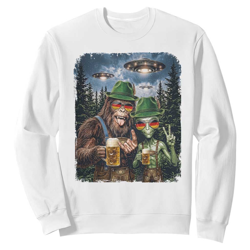Funny Bigfoot Alien Oktoberfest Sweatshirt Selfie Beer Party German Lederhosen UFO Gift TS12 White Print Your Wear