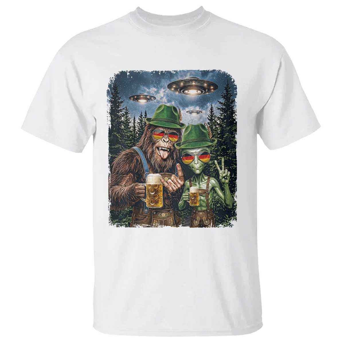 Funny Bigfoot Alien Oktoberfest T Shirt Selfie Beer Party German Lederhosen UFO Gift TS12 White Print Your Wear