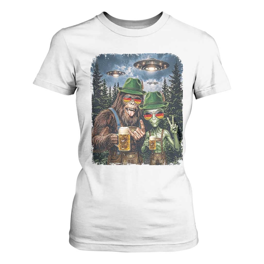 Funny Bigfoot Alien Oktoberfest T Shirt For Women Selfie Beer Party German Lederhosen UFO Gift TS12 White Print Your Wear