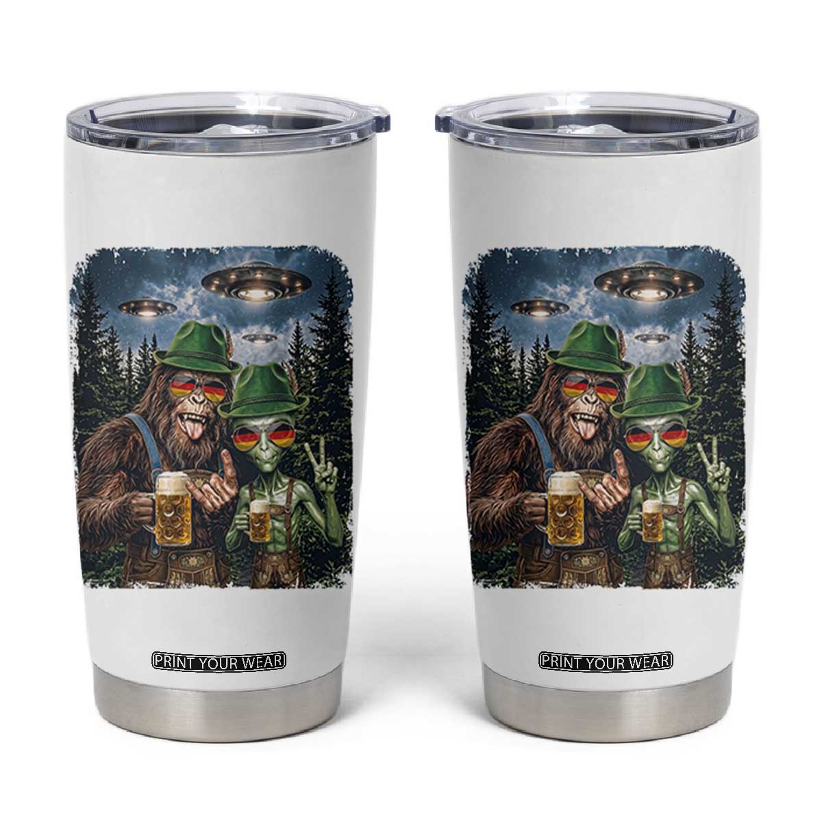 Funny Bigfoot Alien Oktoberfest Tumbler Cup Selfie Beer Party German Lederhosen UFO Gift TS12 White Print Your Wear