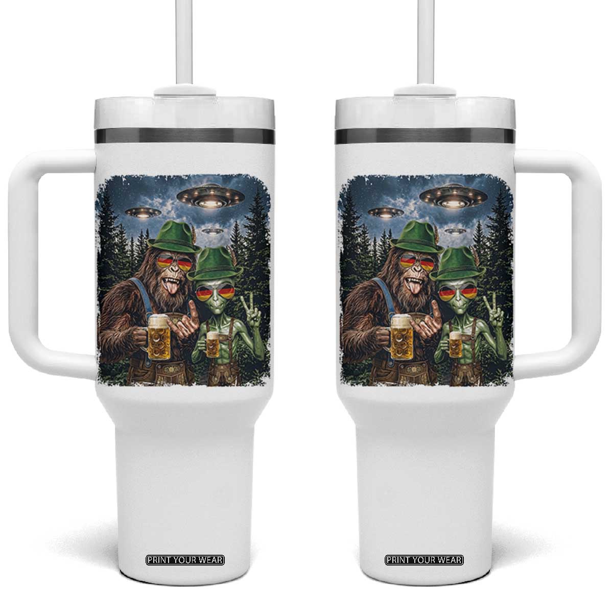 Funny Bigfoot Alien Oktoberfest Tumbler With Handle Selfie Beer Party German Lederhosen UFO Gift TS12 One Size: 40 oz White Print Your Wear