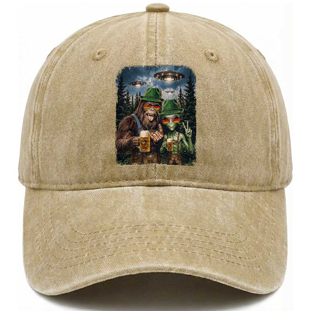 Funny Bigfoot Alien Oktoberfest Washed Cotton Baseball Cap Selfie Beer Party German Lederhosen UFO Gift TS12 Print Your Wear