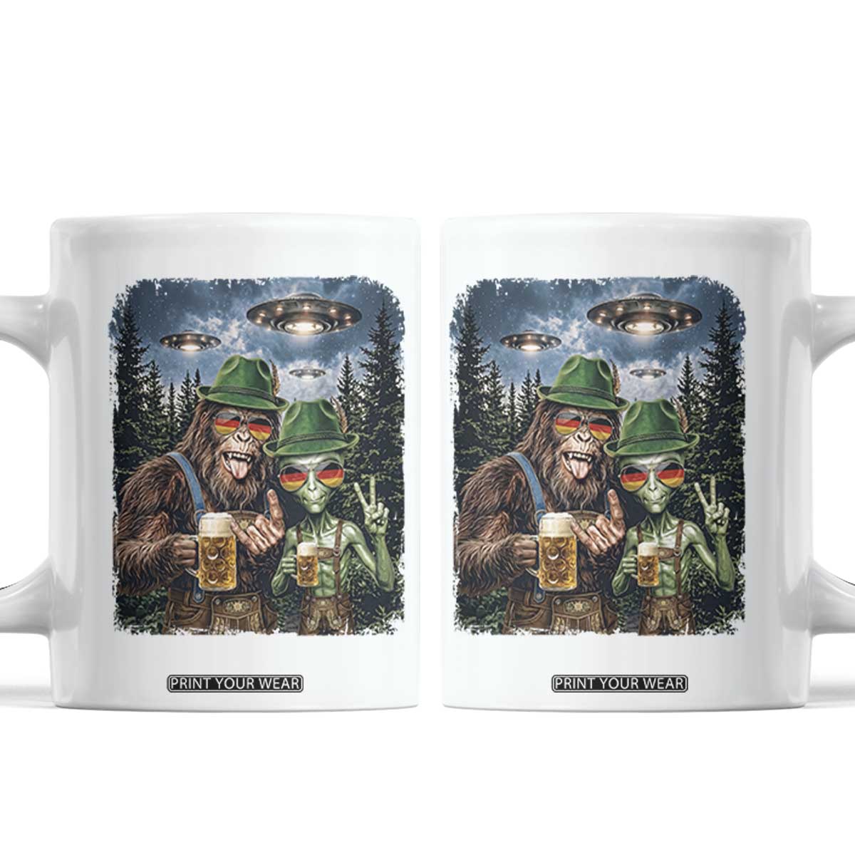 Funny Bigfoot Alien Oktoberfest Coffee Mug Selfie Beer Party German Lederhosen UFO Gift TS12 White Print Your Wear