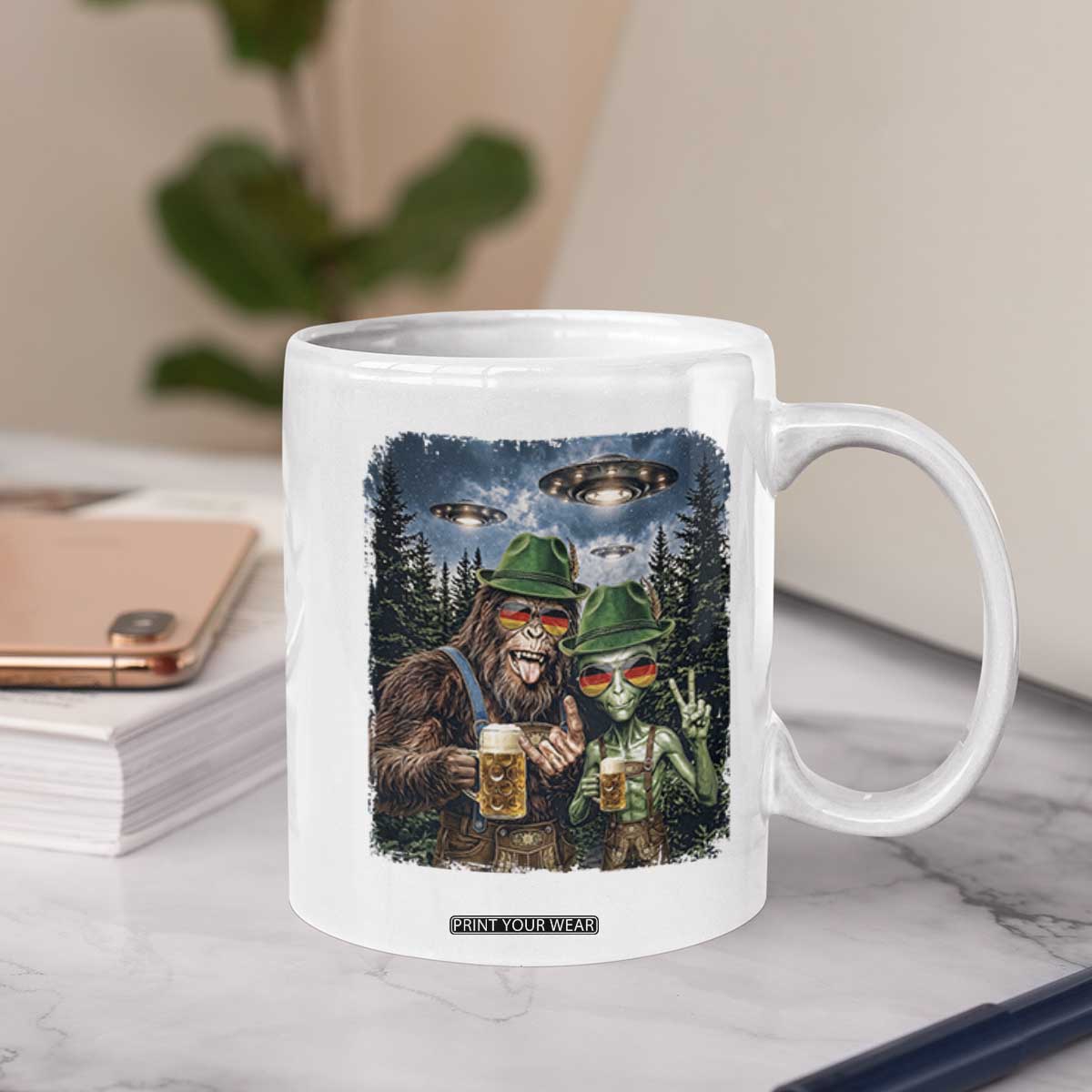 Funny Bigfoot Alien Oktoberfest Coffee Mug Selfie Beer Party German Lederhosen UFO Gift TS12 Print Your Wear