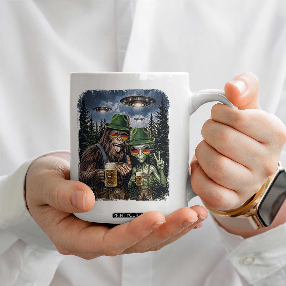 Funny Bigfoot Alien Oktoberfest Coffee Mug Selfie Beer Party German Lederhosen UFO Gift TS12 Print Your Wear